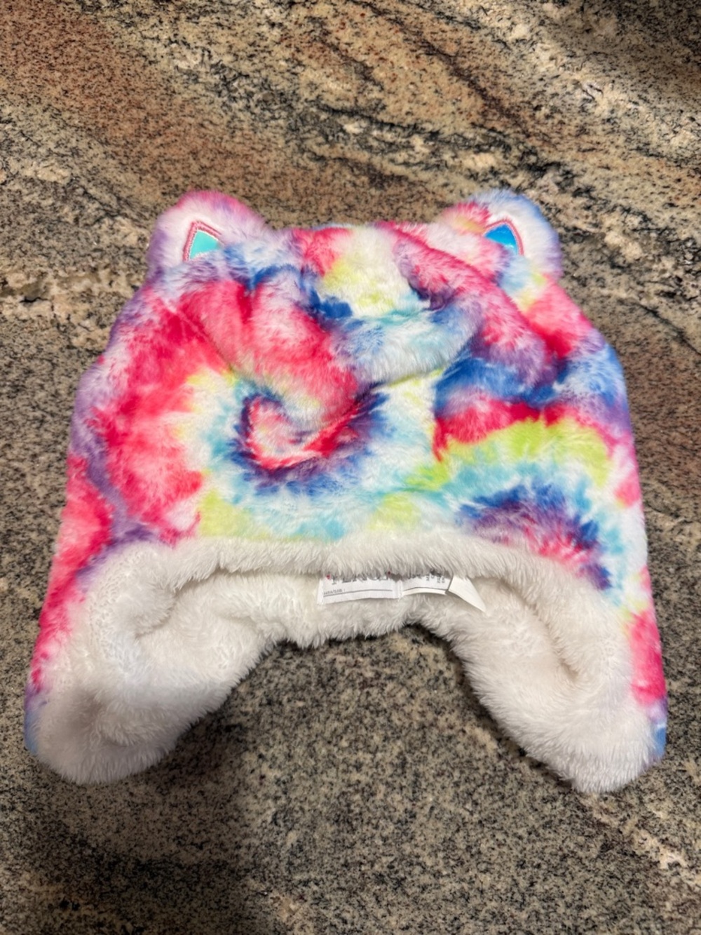 Tie-Dye Faux Fur Kids Hat with Ear Details - Multicolor large